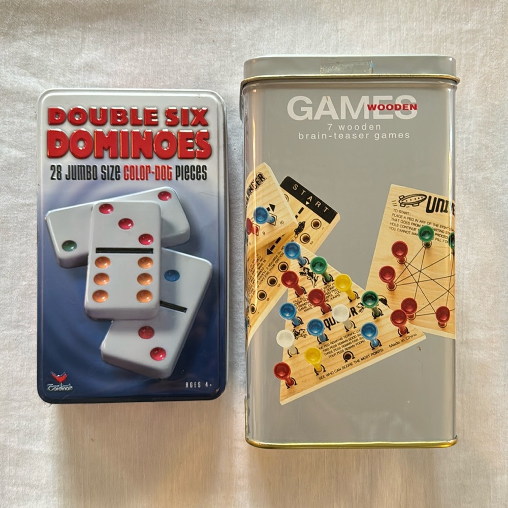 Games in tin boxes bundle 7 wooden brain-teasers & double six dominos lot
